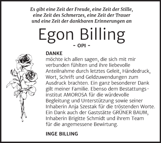 Traueranzeige von Egon Billing von Trauerkombi Dessau