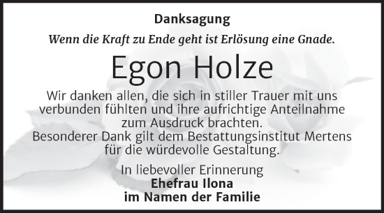 Traueranzeige von Egon Holze von Wochenspiegel Naumburg/Nebra