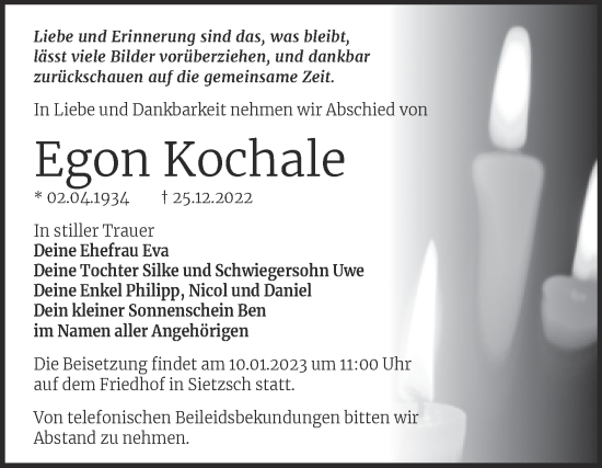 Traueranzeige von Egon Kochale von Mitteldeutsche Zeitung Halle/Saalkreis