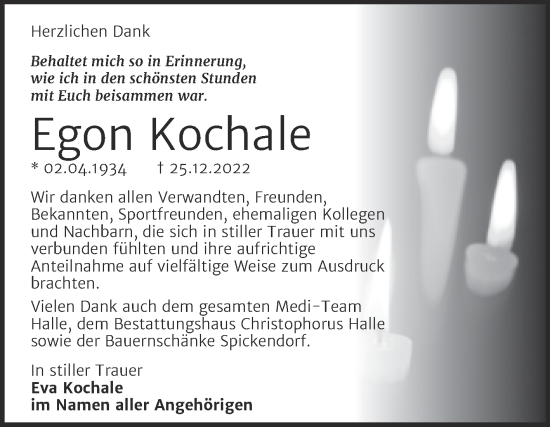 Traueranzeige von Egon Kochale von Mitteldeutsche Zeitung Halle/Saalkreis