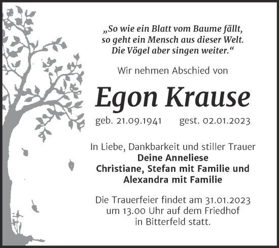 Traueranzeige von Egon Krause von Trauerkombi Bitterfeld