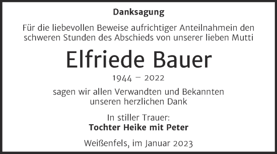 Traueranzeige von Elfriede Bauer von Trauerkombi Weißenfels