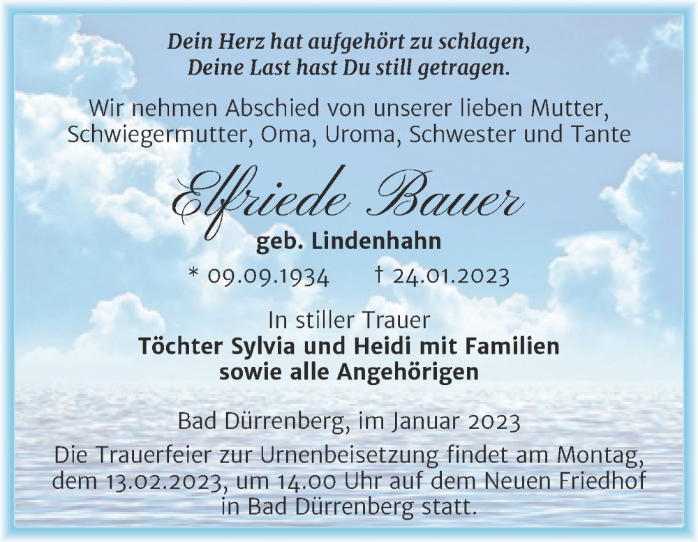  Traueranzeige für Elfriede Bauer vom 28.01.2023 aus Trauerkombi Merseburg