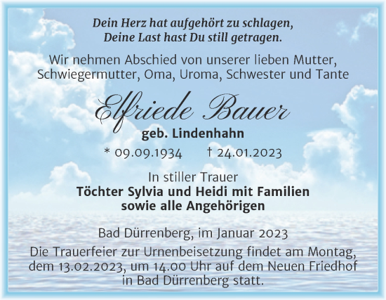 Traueranzeige von Elfriede Bauer von Trauerkombi Merseburg