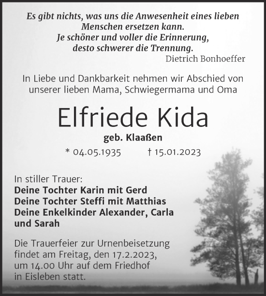 Traueranzeige von Elfriede Kida von Mitteldeutsche Zeitung Halle/Saalkreis