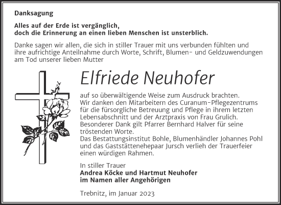 Traueranzeige von Elfriede Neuhofer von Trauerkombi Merseburg