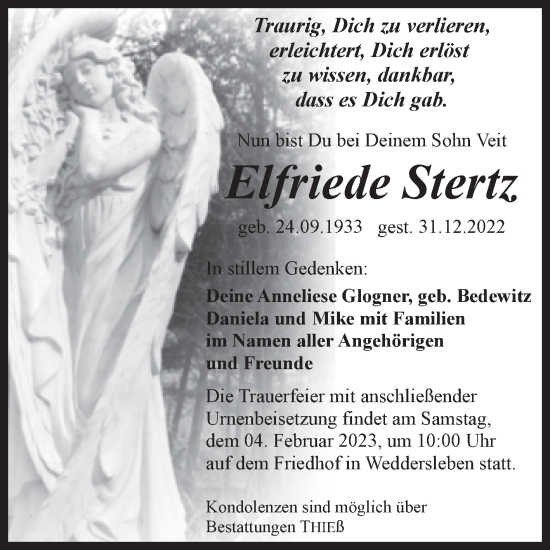 Traueranzeige von Elfriede Stertz von Trauerkombi Quedlinburg