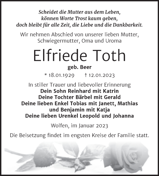 Traueranzeige von Elfriede Toth von Trauerkombi Bitterfeld