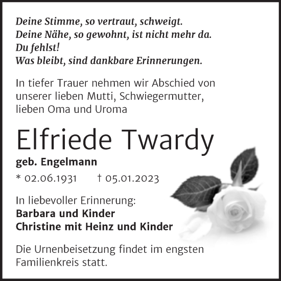 Traueranzeige von Elfriede Twardy von Trauerkombi Mansfelder Land