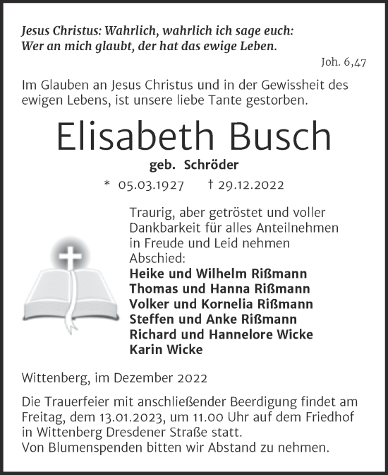 Traueranzeige von Elisabeth Busch von Trauerkombi Wittenberg