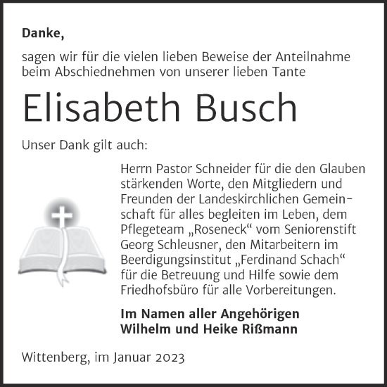 Traueranzeige von Elisabeth Busch von Trauerkombi Wittenberg