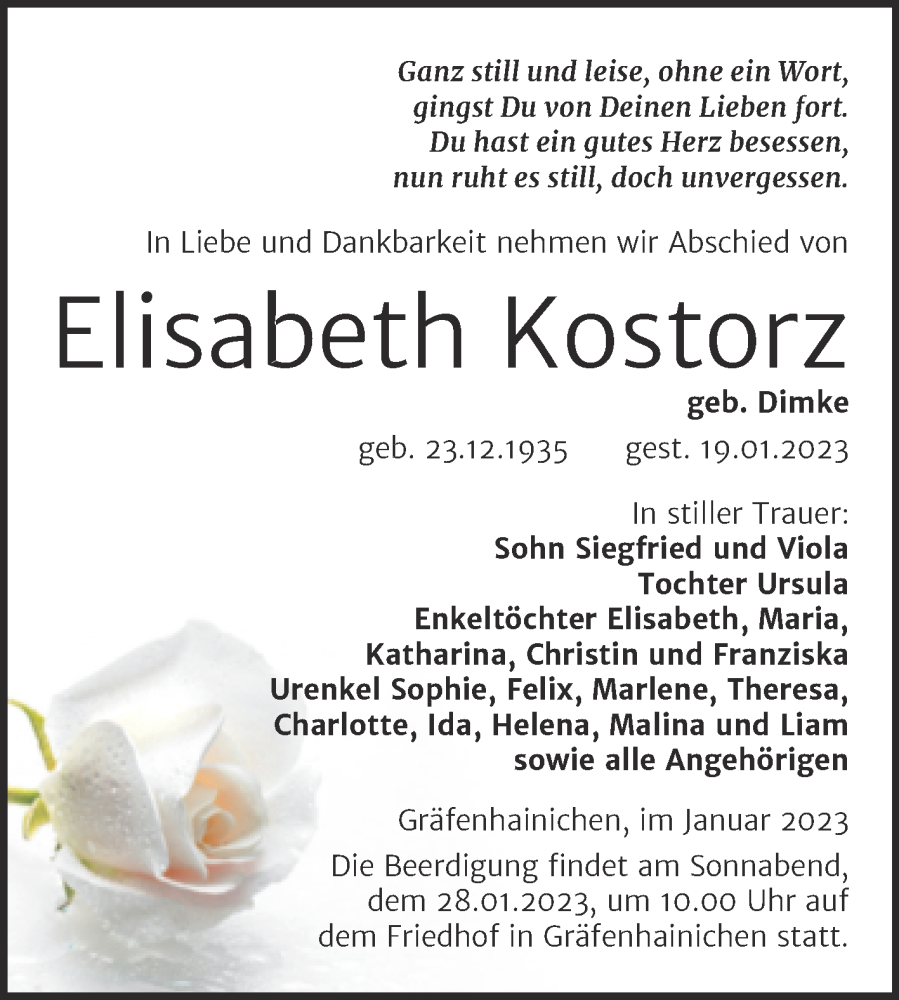  Traueranzeige für Elisabeth Kostorz vom 25.01.2023 aus Mitteldeutsche Zeitung