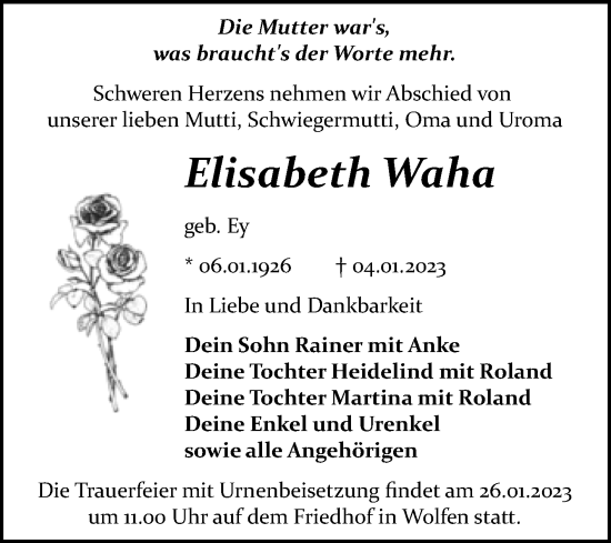 Traueranzeige von Elisabeth Waha von Trauerkombi Bitterfeld