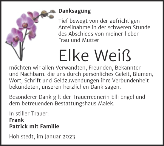 Traueranzeige von Elke Weiß von Trauerkombi Sangerhausen