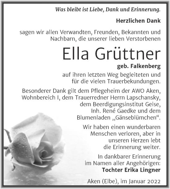 Traueranzeige von Ella Grüttner von Trauerkombi Köthen
