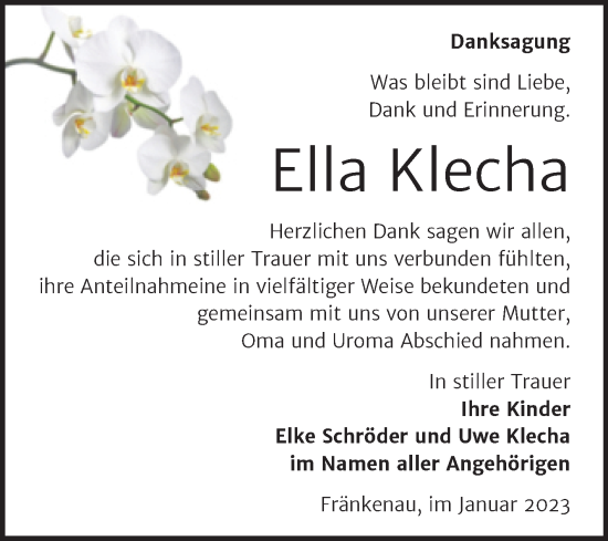 Traueranzeige von Ella Klecha von Wochenspiegel Naumburg/Nebra