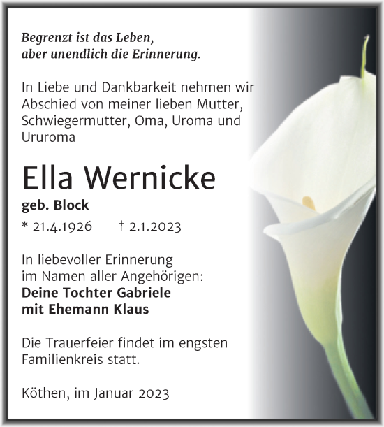 Traueranzeige von Ella Wernicke von Trauerkombi Köthen