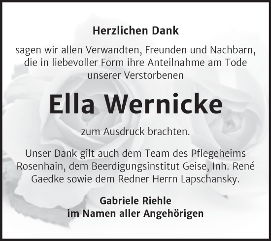 Traueranzeige von Ella Wernicke von Trauerkombi Köthen