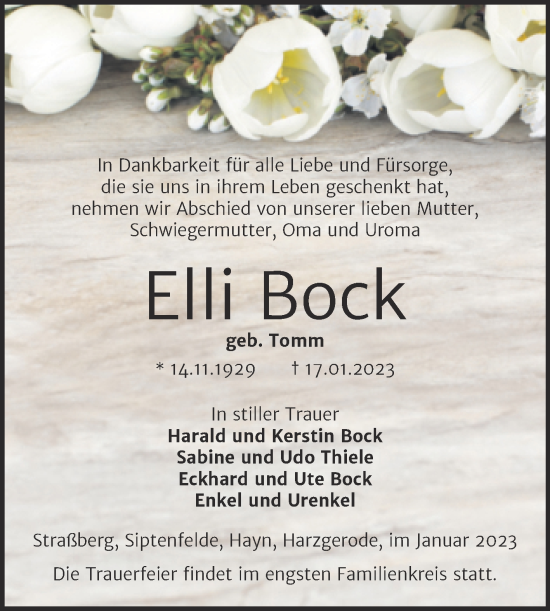 Traueranzeige von Elli Bock von Trauerkombi Quedlinburg