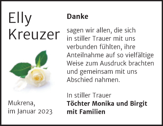 Traueranzeige von Elly Kreuzer von Trauerkombi Bernburg