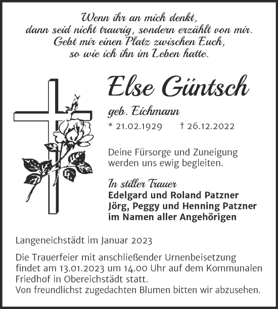 Traueranzeige von Else Güntsch von Trauerkombi Merseburg