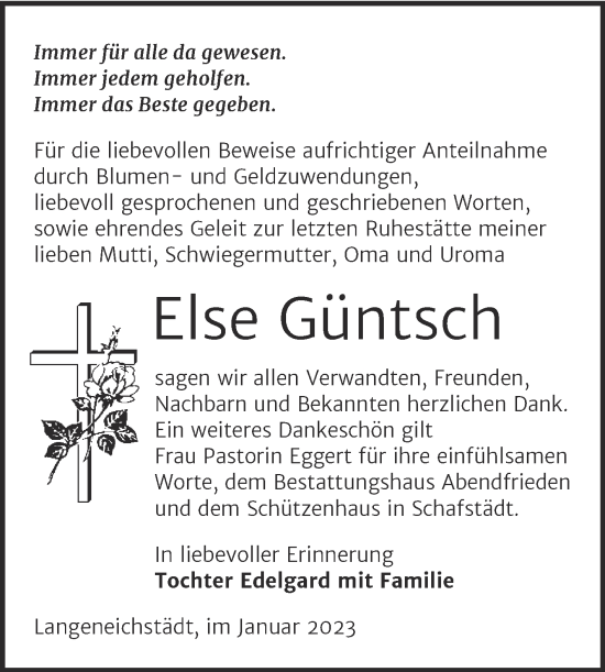 Traueranzeige von Else Güntsch von Trauerkombi Merseburg