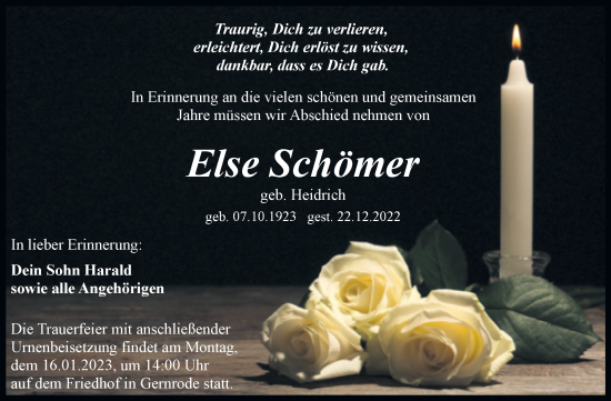Traueranzeige von Else Schömer von Trauerkombi Quedlinburg
