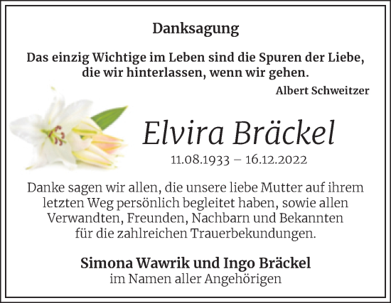 Traueranzeige von Elvira Bräckel von Trauerkombi Merseburg