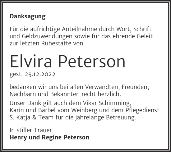 Traueranzeige von Elvira Peterson von Trauerkombi Wittenberg