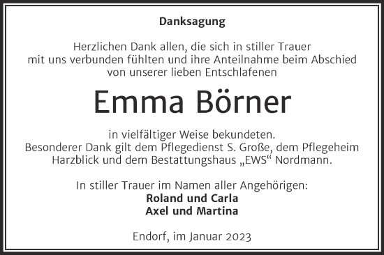 Traueranzeige von Emma Börner von Trauerkombi Quedlinburg