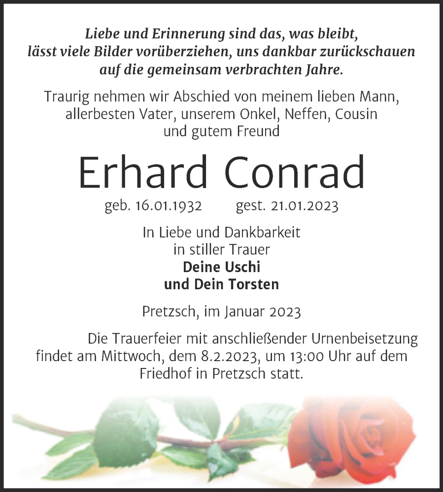 Traueranzeige für Erhard Conrad vom 28.01.2023 aus Trauerkombi Wittenberg