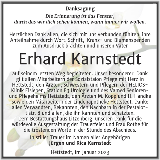 Traueranzeige von Erhard Karnstedt von Trauerkombi Mansfelder Land