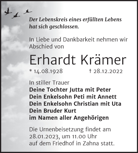 Traueranzeige von Erhardt Krämer von Trauerkombi Wittenberg