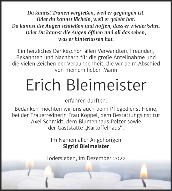 Traueranzeige von Erich Bleimeister von Trauerkombi Merseburg