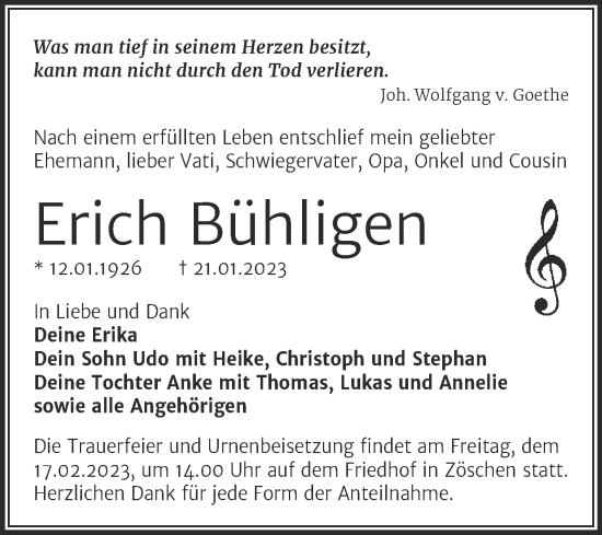 Traueranzeige von Erich Bühligen von Trauerkombi Merseburg
