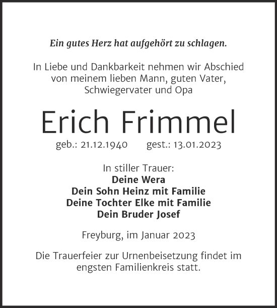 Traueranzeige von Erich Frimmel von Wochenspiegel Naumburg/Nebra