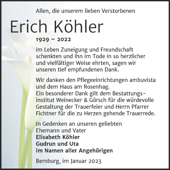 Traueranzeige von Erich Köhler von Trauerkombi Bernburg