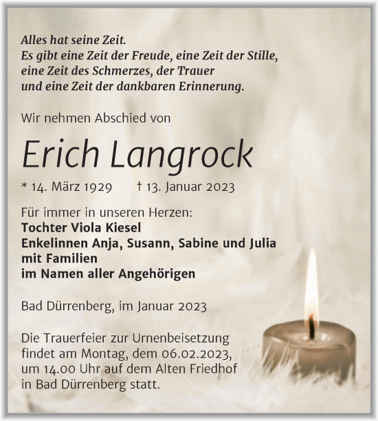 Traueranzeige von Erich Langrock von Trauerkombi Merseburg