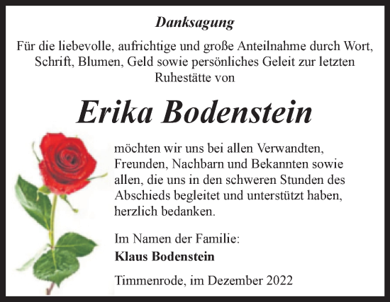 Traueranzeige von Erika Bodenstein von Trauerkombi Quedlinburg