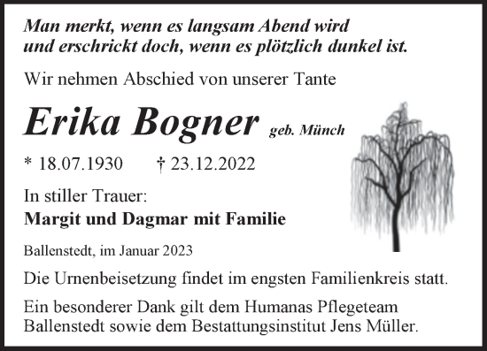 Traueranzeige von Erika Bogner von Trauerkombi Quedlinburg