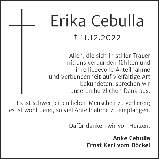 Traueranzeige von Erika Cebulla von Trauerkombi Aschersleben