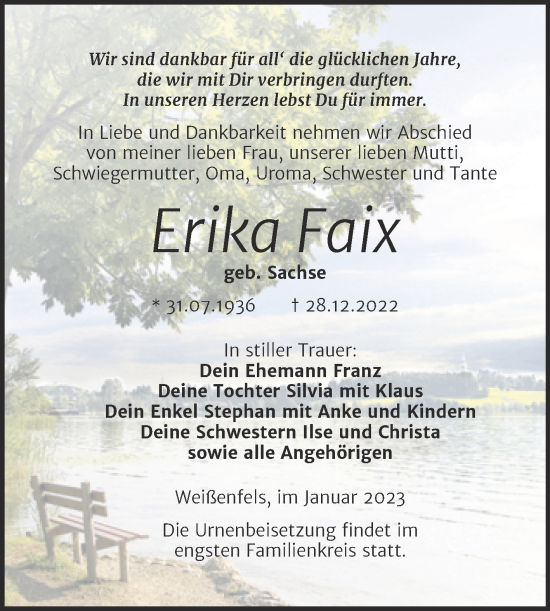 Traueranzeige von Erika Faix von Trauerkombi Weißenfels