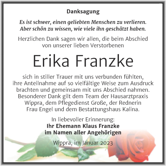 Traueranzeige von Erika Franzke von Super Sonntag Sangerhausen