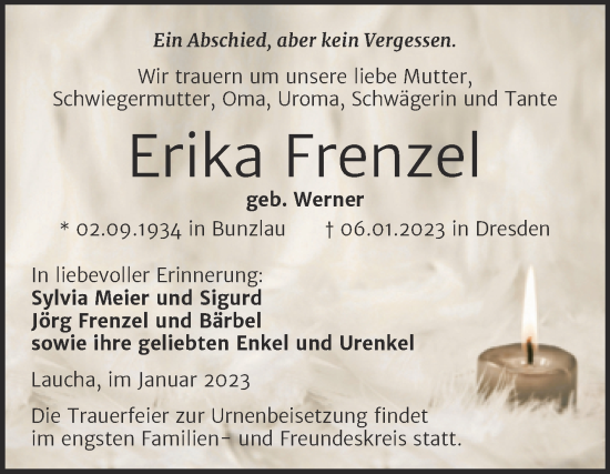 Traueranzeige von Erika Frenzel von Wochenspiegel Naumburg/Nebra