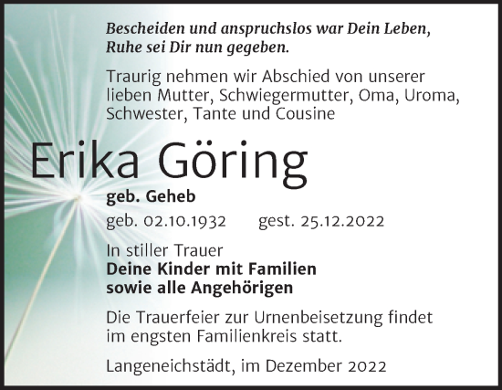 Traueranzeige von Erika Göring von Trauerkombi Merseburg