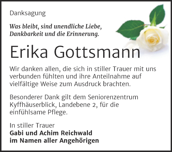 Traueranzeige von Erika Gottsmann von Trauerkombi Sangerhausen