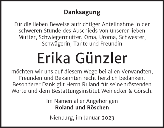 Traueranzeige von Erika Günzler von Trauerkombi Bernburg