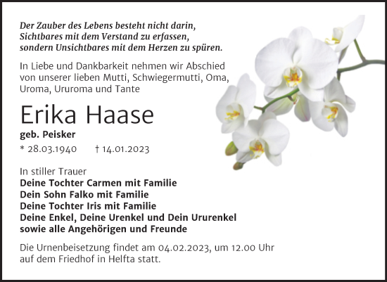 Traueranzeige von Erika Haase von Trauerkombi Mansfelder Land