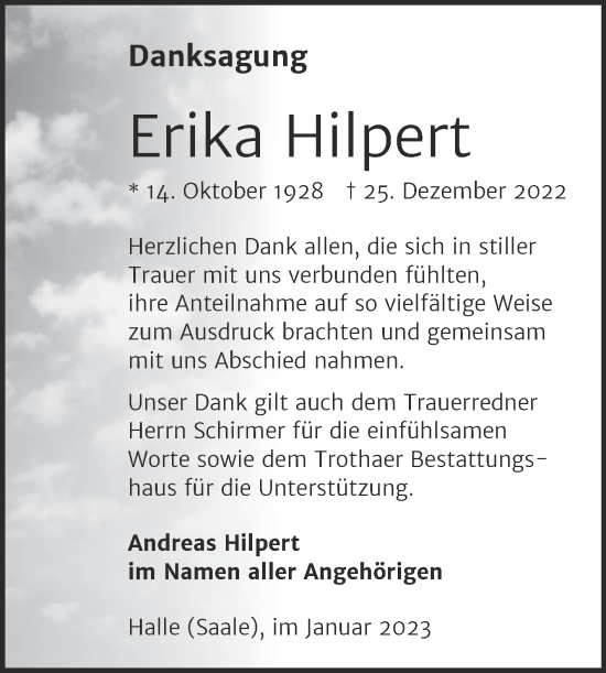 Traueranzeige von Erika Hilpert von Mitteldeutsche Zeitung Halle/Saalkreis
