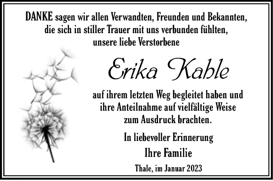 Traueranzeige von Erika Kahle von Trauerkombi Quedlinburg